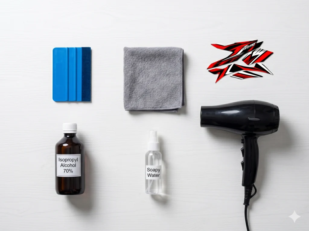 alat pasang stiker motor sendiri di rumah rakel alkohol botol semprot microfiber hair dryer