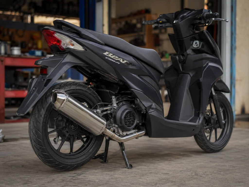 knalpot aftermarket Honda BeAT R9 Mugello stainless terpasang tampak samping